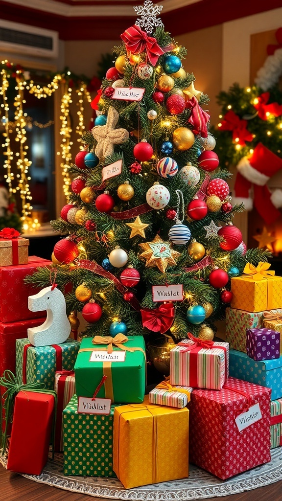 A Christmas tree with gifts labeled with names, surrounded by holiday decorations.